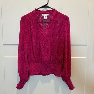 Rachel Zoe Womens XS Pink Black Floral Smocked Boho Long Sleeve Blouse